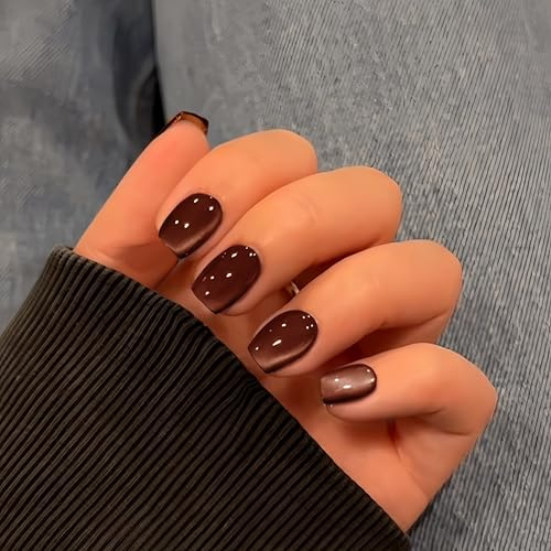 KQueenest Katzenauge Dunkelbraun Press on Nails Kurz, Gel Nägel zum Aufkleben Eckig, Sparkle Glitzer fake Nails Kurz Sarg, Spiegel Effekt, Glasiert Chrome Kunstnägel Frauen Nagelkunst, 30 Stück