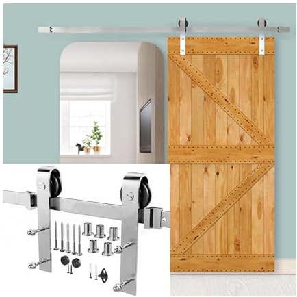 Barn Door Complete Hardware Kit,Stainless Steel Sliding Door Track Hardware Kit,Silent Double Door Hanging Track,Suitable for Living Room and Balcony(150cm Track)