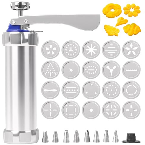 Gebäckpresse für Spritzgebäck, Edelstahl Spritzgebäck Presse mit 8 Tüllen und 20 Schablonen, Profi Teigspritze Kekspresse Plätzchen Presse, DIY Backzubehör Kekshersteller für Kuchen Kekse Churros