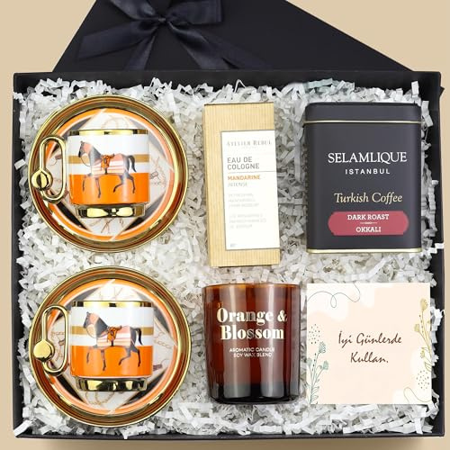 trendmiya Selamlıque Ensemble de 4 paniers à café turc de luxe avec tasses en porcelaine au design ottoman, eau de Cologne Atelier Rebul, bougie aromatique, torréfaction foncée