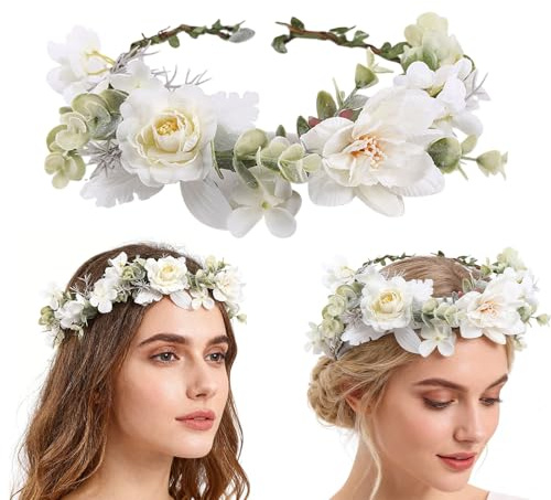 XSJIJKAG Blumenkranz Haare Weiß, Verstellbarer Haarschmuck Hochzeit für Damen und Mädchen, Romantischer Haarkranz Kommunion für Braut und Party
