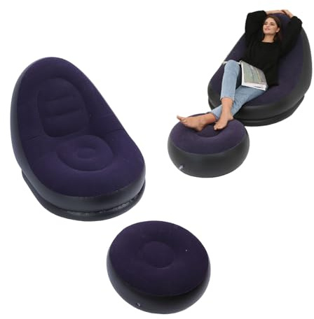 Ejoyous Aufblasbarer Lounge Sessel, tragbarer Loungesessel aus beflocktem PVC mit Fußhocker, für Wohnzimmer, Schlafzimmer, Camping, Reisen, Strand (Dunkelblau)