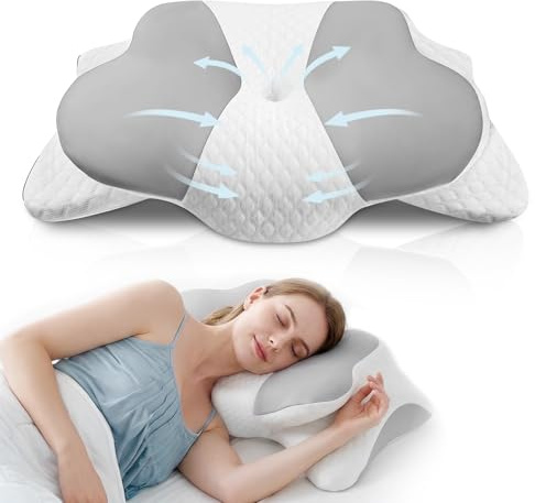 Ecofocet Cuscino Cervicale per Dormire, Cuscino Memory Foam Ortopedico, Cuscino Ergonomico a Forma di Farfalla con Fodera Sfoderabile, per Dormire su Fianco Schiena Stomaco, 66*40*7/14 cm (Grigio)