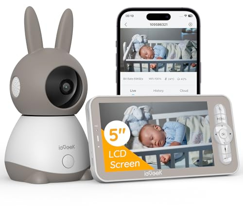 ieGeek 5” 2K/3MP Camara Vigilancia Bebe, 360° Vigilabebes con Camara con 5” Pantalla Dividible, Monitor con Audio 2 Vías, Automatic Tracking, Area Detection, Deteccion Ruido,Vox, para Recien Nacido