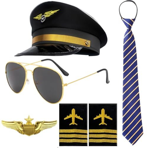 Pilotenmütze Top Gun Kostüm Pilot Kostüm, 5-teiliges Set für Karneval und Cosplay, Mit Sonnenbrille und Schulterabzeichen, Ideal für Mottopartys und Rollenspiele, Verstellbare Mütze und Krawatte