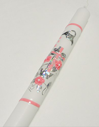 Taufkerze Kommunionkerze C-05 Silber/Rosa inkl. Tropfschutz und Beschriftung KW-JOA-C05
