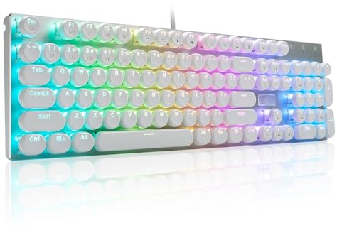 HUO JI E-Yooso Z-88 Wired Typewriter Style Mechanical Gaming Keyboard, Programmable RGB Backlit, Blue Switches - Clicky, USB-C Cable, Metal Panel, 104 Double-Shot Keycaps for PC, White