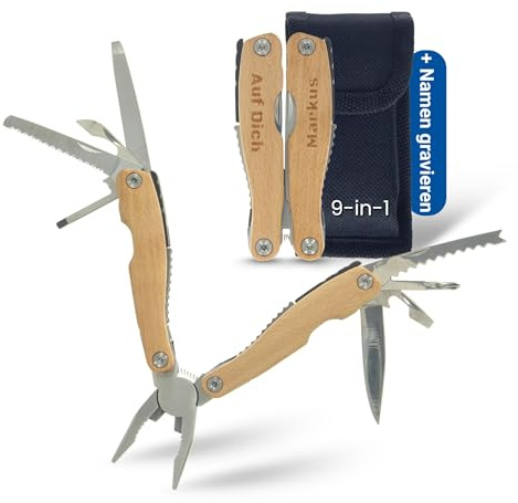 Personalisiertes Taschenmesser Wood Multitool 9-in-1 mit Buchenholzgriff | Vatertagsgeschenk, Outdoor Werkzeug, Camping Zubehör, Geschenkidee Männer, Edelstahl Klingen, Klappmesser praktisch