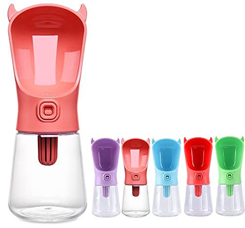 PJDDP Bouteille Portable Chien d'eau avec Filtre 350ML pour Chiens Chats Animaux Voyage Cup Bouteilles d'eau, Distributeur d'eau Pet Food Grade Antibactériennes Leak Proof BPA Extérieur Boisson,Rose