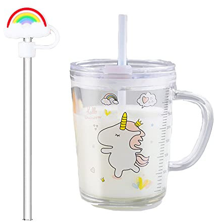 Banzimiao Tazza da latte per bambini con cannuccia, vetro trasparente con cannuccia, 350 ml, tazza da latte per bambini, tazza con cannuccia per bambini, unicorno, 350 ml