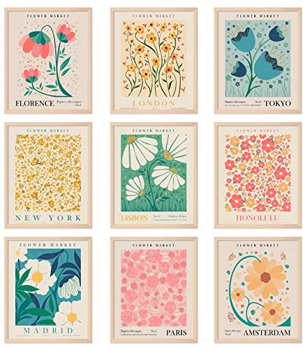 AnyDesign 9Pcs Flower Market Wall Art Prints Matisse Poster Unframed Floral Drawing Posters Colorful Floral Decor for Gallery Room Aesthetic Living Room Bathroom Decor, 8x10inch