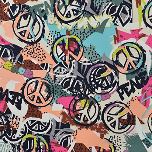 French Terry, Sommersweat, Peace Zeichen, Pink/Mint als Meterware zum Nähen, 50 cm