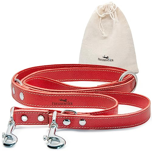 FREUDENTIER Hundeleine Leder 2m - Verstellbare Führleine, Rot | Gewachste Lederleine für kleine, mittelgroße & große Hunde - Aus LWG Gold zertifizierten Gerbereien - Handmade in EU