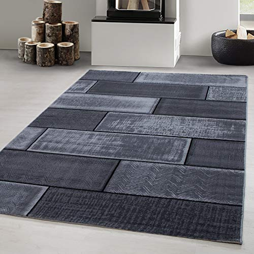Carpetsale24 Teppich 140x200 cm Schwarz Kurzflor Steinmaur Design Moderner Teppich für Wohnzimmer Schlafzimmer Flur Küche Esszimmer Kinderzimmer Pflegeleicht Weich