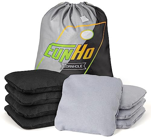 EunHo Doppelseitige Cornhole Bags Set mit 8 Stück, professionelle Größe (15,2 x 15,2 cm), Gewicht (473 g), klebrige und glatte Seiten-Sitzsäcke für Wurfspiele, Allwetter-Pro Maislochbeutel mit