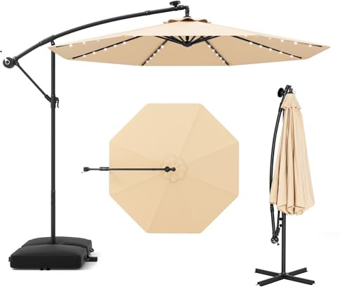 RELAX4LIFE Parasol Déporté 3x3M LED à Énergie Solaire, Parasol de Jardin Extérieur Inclinable avec Pied Incus, Imperméable à 8 Baleines, Protection UV pour Terrasse Patio Plage (Beige)