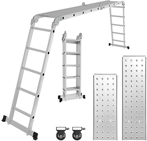 Yakimz Scala multiuso in alluminio, 4 x 5 m, in alluminio, 580 cm, pieghevole a 16 livelli, con 2 piastre e 2 ruote