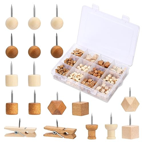 252Pcs Punaises Tableau Liège, punaises pour Tableau en liège punaises décoratives épingles à tête en Bois en 6 Types avec boîte de Rangement pour Calendrier, Tableaux d'affichage, Mur de Photos DIY