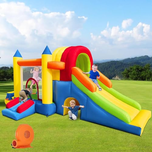 Hongcoral Inflatable Bounce House with Wide Slide, Splash Pool/Ballpit, Secret Crawl Tunnel & Soccer Goal, Multi-Activity Jumping Castle for Toddlers & Big Kids, Outdoor Backyard Playground