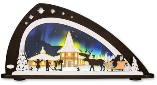 WEIGLA - Schwibbogen original Erzgebirge I Motiv Weihnachten unterm Polarlicht I LED Lichterbogen I Größe 66 x 33,8 x 6 cm I Inklusive Beleuchtung I beleuchtete Weihnachtsdeko innen I aus Holz