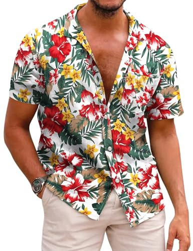 COOFADNY Camisa Hawaiana Hombre Manga Corta Camisas Tropicales Playa Funky Camisa Flores Causal Camisas Estampadas de Verano A-Blanco M