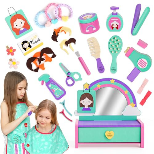Lehoo Castle Set Parrucchiera Bambini con Tavolo da Toilette, Set di Giocattoli per Parrucchieri, Ruolo Giochi in Legno Regalo per Bambini Bambine 2 3 4 Anni