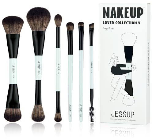 Jessup Set Brochas de Maquillaje 6pcs Brochas de Doble Punta para Rostro y Ojos Pincele Maquillaje Base,Sombra de Ojos,Contorno,Rubor,Iluminador, Difuminado,Cepillo de Cejas, Cian Brillante T501