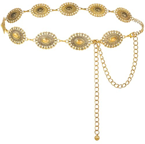 FIORETTO Chain Belt for Women, Metal Western Cowboy Cowgirl Waist Chain with Oval Conchos, Boho Country Style Belt for Dress & Jeans, Gold, Length 45inch