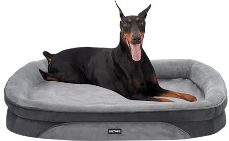 HMTOPE Orthopädisches Hundebett Grosse Hunde XL, 122x90cm, Hellgrau | Komfort Hundesofa mit Egg-Crate Schaumstoff, Vierseitiges Nackenrolle Kissen, rutschfeste Unterseite, Abnehmbar waschbar