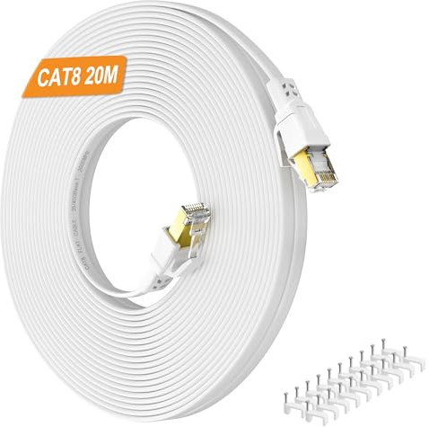 Nowunke Cable Ethernet 20m Cat 8, Cable RJ45 20m Blindé Haut Débit Fibre Plat 40Gbps 2000MHz Câble Réseau, Gigabit Blanc LAN Cable Internet pour Routeur, Modem, Switch, Xbox, PS5/4