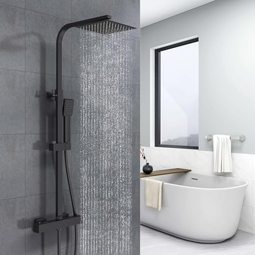 Biubiubath columna de ducha termostática con mezclador termostático, ducha de cabeza cuadrada, negro, columna de ducha regulable en altura 732-1152 mm (cuadrado 1)