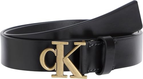 Calvin Klein Damen Gürtel Monogram Plaque Buckle 3,0 cm Ledergürtel, Schwarz (Black/Tumbled Gold), 110 cm