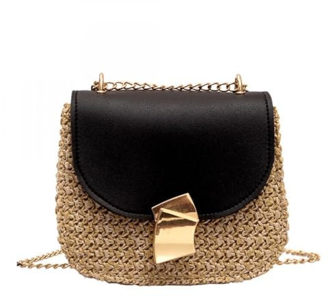 wangfq Korbtaschen Damen Handgewebte Rattan Stroh Umhängetasche Sommer Umhängetasche Strand Clutch handgemachte Reise Brieftasche Umhängetasche for Frauen Handtaschen Basttaschen Damen Sommer(Black)