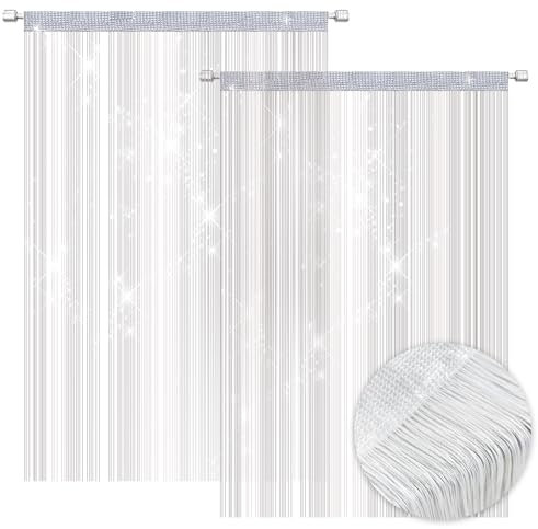 2 Stück 100 x 200 cm Fadenvorhang Set, Fliegen Vorhang Fadengardine Glitzer, Insektenschutz Balkontür Türvorhang, Balkontür Fliegengitter, Fliegenvorhang Dekorative für Türen & Fenster (Weiß)