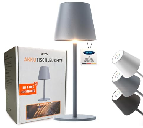 m-e LUNA-80-G, dimmbare kabellose LED Akku-Tischleuchte, 5200mAh, 8-72 Std Leuchtdauer, höhenverstellbar (5 Höhen), Touch-Sensor, Warmweiß & Farbwechsel (7 Farben) (Grau), aus Metall