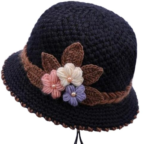 WEISIPU Women’s Winter Warm Knit Cloche Hat with Crochet Flower Layer Windproof Womens Knitted Crochet Beanie Hat Floral Vintage Hat Breathable Knit Skullcap Ladies Winter Hats