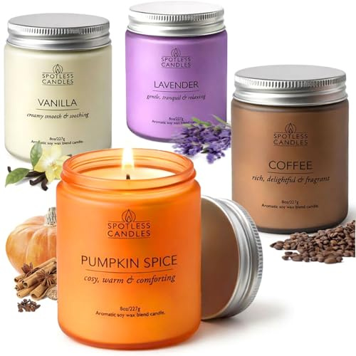 Classic Candle Gift Set; 4 x 8oz Scented Candles in Frosted Glass Jars; Coffee, Vanilla, Lavender, Pumpkin Spice; 200 Hours Burn Time; Gift Sets for Women; Premium Gift Box by Spotless Candles