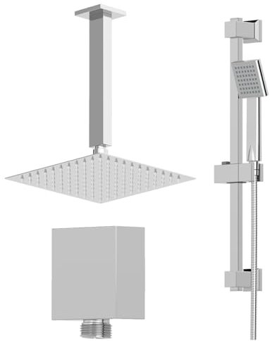 BAYSTONE® Bathroom Thermostatic Mixer Shower with Square Rainfall Drencher Head Handset Riser Rail Wall Elbow & Concealed Valve Ceiling Mounted Chrome