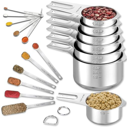 Edelstahl Messbecher & Löffel Set mit 18 Stück, inklusive 7 Messbecher, 6 rechteckige Löffel und 5 winzige Löffel, Metall Küche Messset, gravierte Markierungen für trockene und flüssige Zutaten