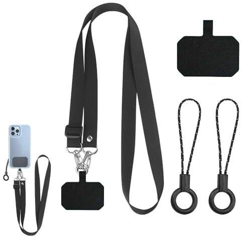 Azlanway Cordino universale per cellulare, in nylon, 2 x toppe per cellulare, cordino regolabile, 2 x piccoli cordoncini neri, corda per cellulare, adatto per tutti gli smartphone, Nero , 130 cm