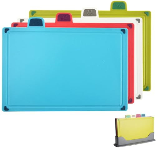 4PCS Colour Coded Chopping Boards Set with Stand and Food Icons, Durable, Scratch-Resistant, Anti-Slip, Chopping Boards for Kitchens, PP Plastic Chopping Board with Storage Stand