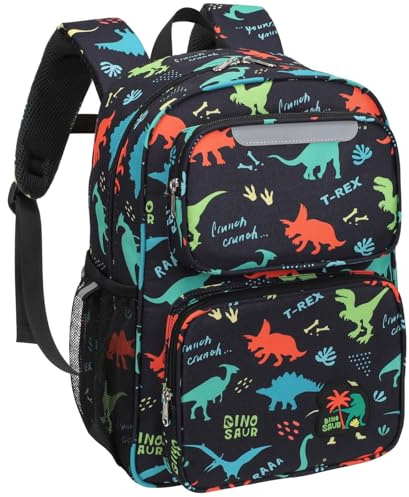 Bagseri Kinderrucksack Jungen 15L - Leichter Schulrucksack für 5-8 Jahre | Isolierfach, DIN A4 Fach, Ergonomisch, Rucksack für Vorschule bis 2. Klasse mit Brustgurt, Reflektoren, Schwarzer Dinosaurier