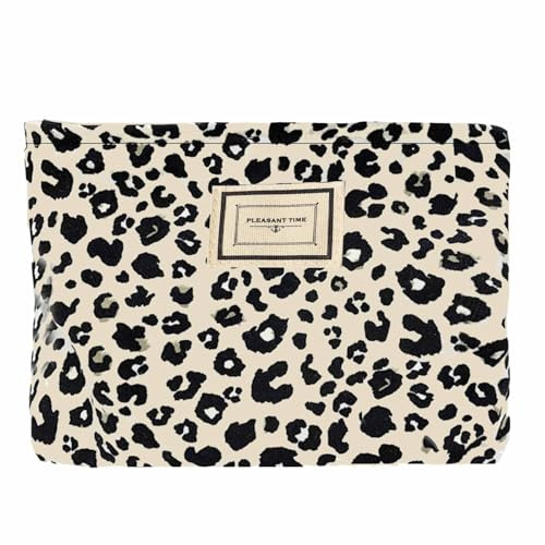 HERZWILD Kosmetiktasche Damen Make Up Tasche Cord mit Reißverschluss Kulturtasche Kulturbeutel Schminktasche Taschen für Damen und Mädchen (Beige Leopard)