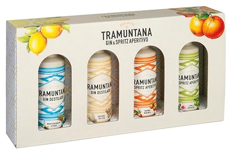 TRAMUNTANA Gin & Spritz Probierset – 4x 100ml mit Goldverzierung – 1x Original Dry, 1x Mediterranean Citrus-Gin, 1x Orange Aperitivo, 1x Lime Hibiscus Aperitivo – Geschenk für Männer und Frauen
