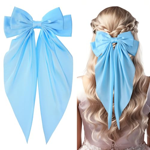 Solid Color Bow Hair Clip with Long Ribbon, Big Bow Barrettes, Long Tail French Ribbon Hair Clip, Soft Satin Silky HairBows for Women Girls, Blue