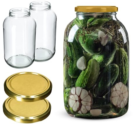 KADAX 2 tarros de conservas de 4 l con tapa de rosca fi100 mm, ideales para pepinos, kombucha, kimchi, boca ancha para encurtir, fermentación (tapa dorada, 2 unidades)