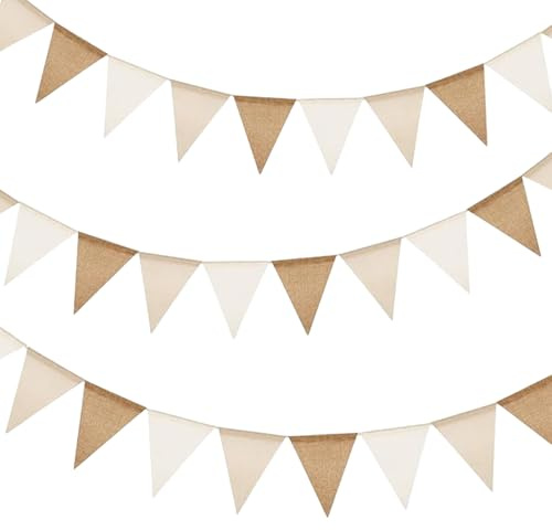 ALLY-MAGIC Wimpelkette Beige, Wimpelkette Jute, Boho Deko Outdoor 12M Indoor Party Wimpel Girlanden für Baby Shower Hochzeit Geburtstag Deko E22-SSMBSJQ