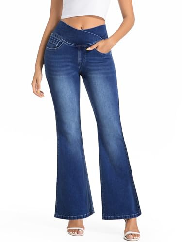 VX VONXURY Vaqueros Elásticos Mujer Acampanados Cintura Alta Lavado Push Up Levanta Glúteos Control Abdominal Pantalon Campana Mujer con 4 Bolsillo, Índigo​​
