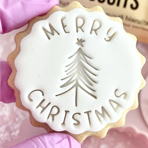Merry Christmas Cookie Cutter Fondant Stamp Embosser Christmas Tree Table Name Place Setting Favour Cupcakes fits All Butter Biscuits m&s Marks and Spencers Xmas Gift Ideas Free Matching Cutter