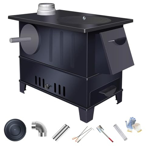 Small Wood Burning Stove Indoor, Outdoor Cooking Stove, Steel Plate Frame, Pull Out Oven, Fire-resistant, for Heating and Cooking